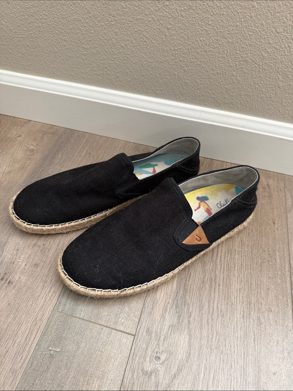 OluKai Women's Black Canvas Slip-On Espadrilles with Tan Accent - Picture 2 of 5